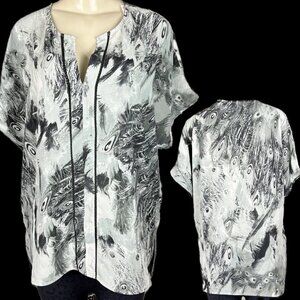 Sioni L Gray Peacock Print Split Neck Weave Accent Dolman Short Sleeve Blouse
